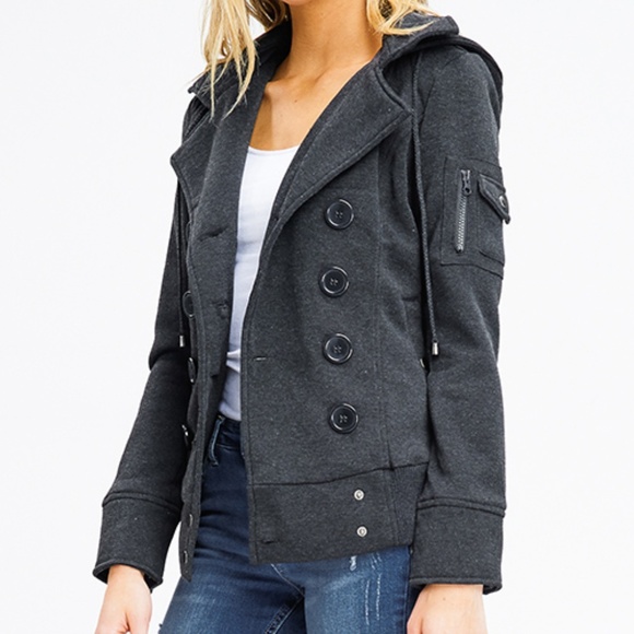 NWT Charcoal Double Breasted Hooded Jacket S - Picture 5 of 7